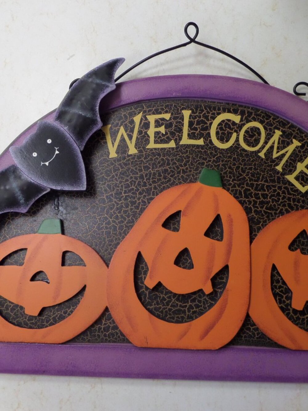 Vintage Halloween Welcome Sign With Pumpkins and Bat